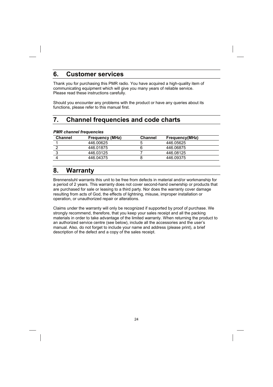 Customer services, Channel frequencies and code charts, Warranty | Brennenstuhl PMR Walkie Talkie TRX 3000 User Manual | Page 24 / 92