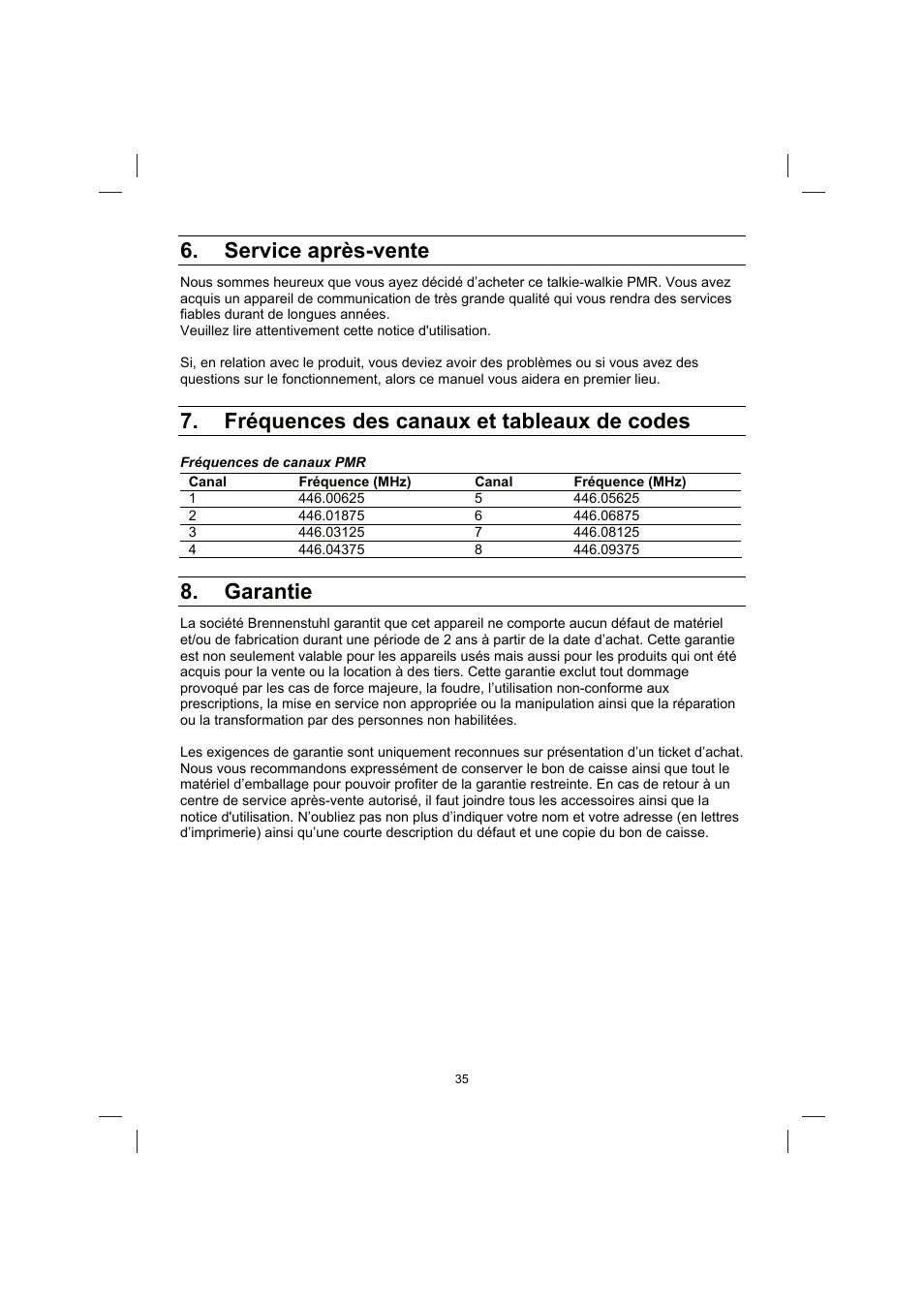 Service après-vente, Fréquences des canaux et tableaux de codes, Garantie | Brennenstuhl PMR Walkie Talkie TRX 3000 User Manual | Page 35 / 92