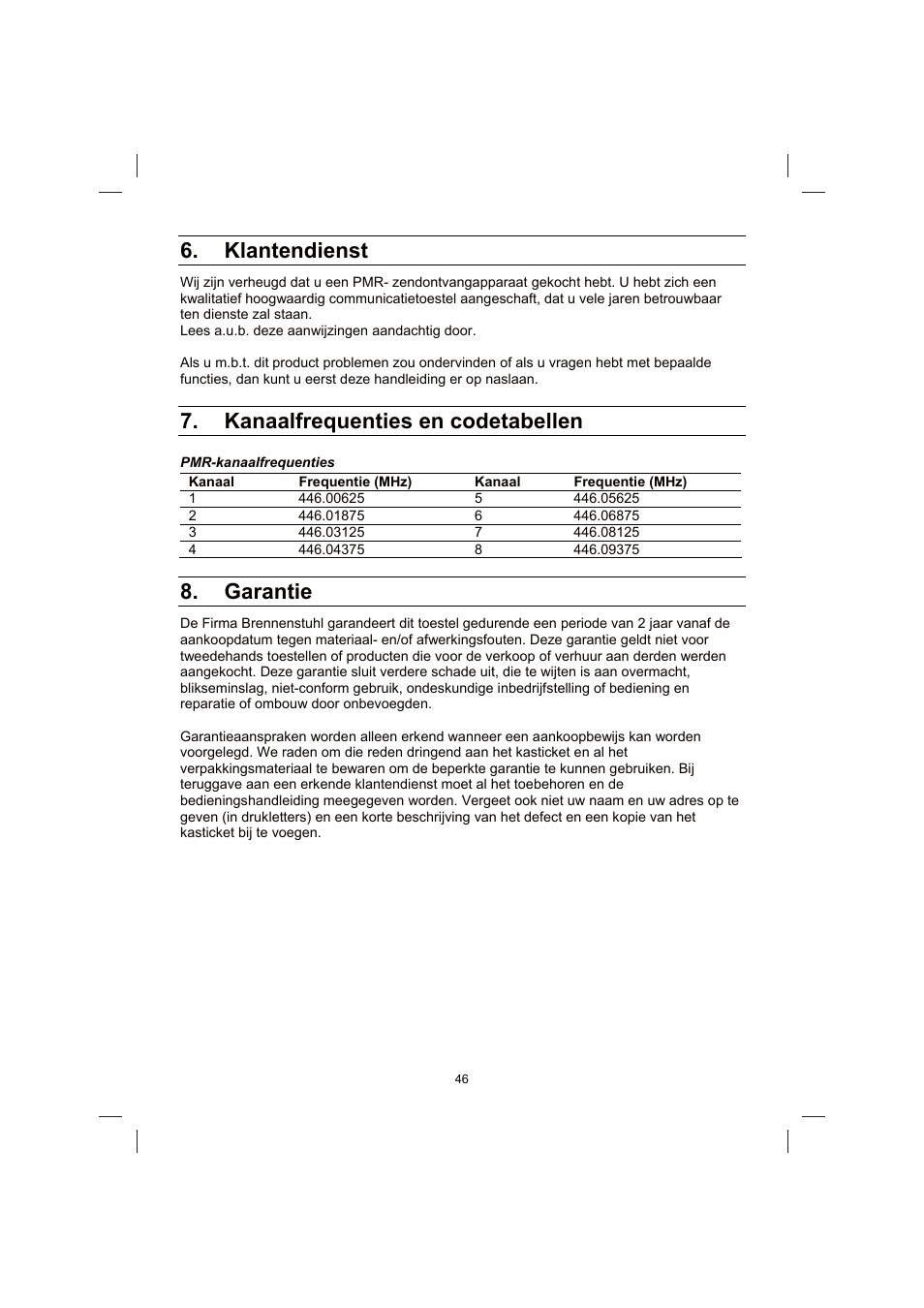 Klantendienst, Kanaalfrequenties en codetabellen, Garantie | Brennenstuhl PMR Walkie Talkie TRX 3000 User Manual | Page 46 / 92