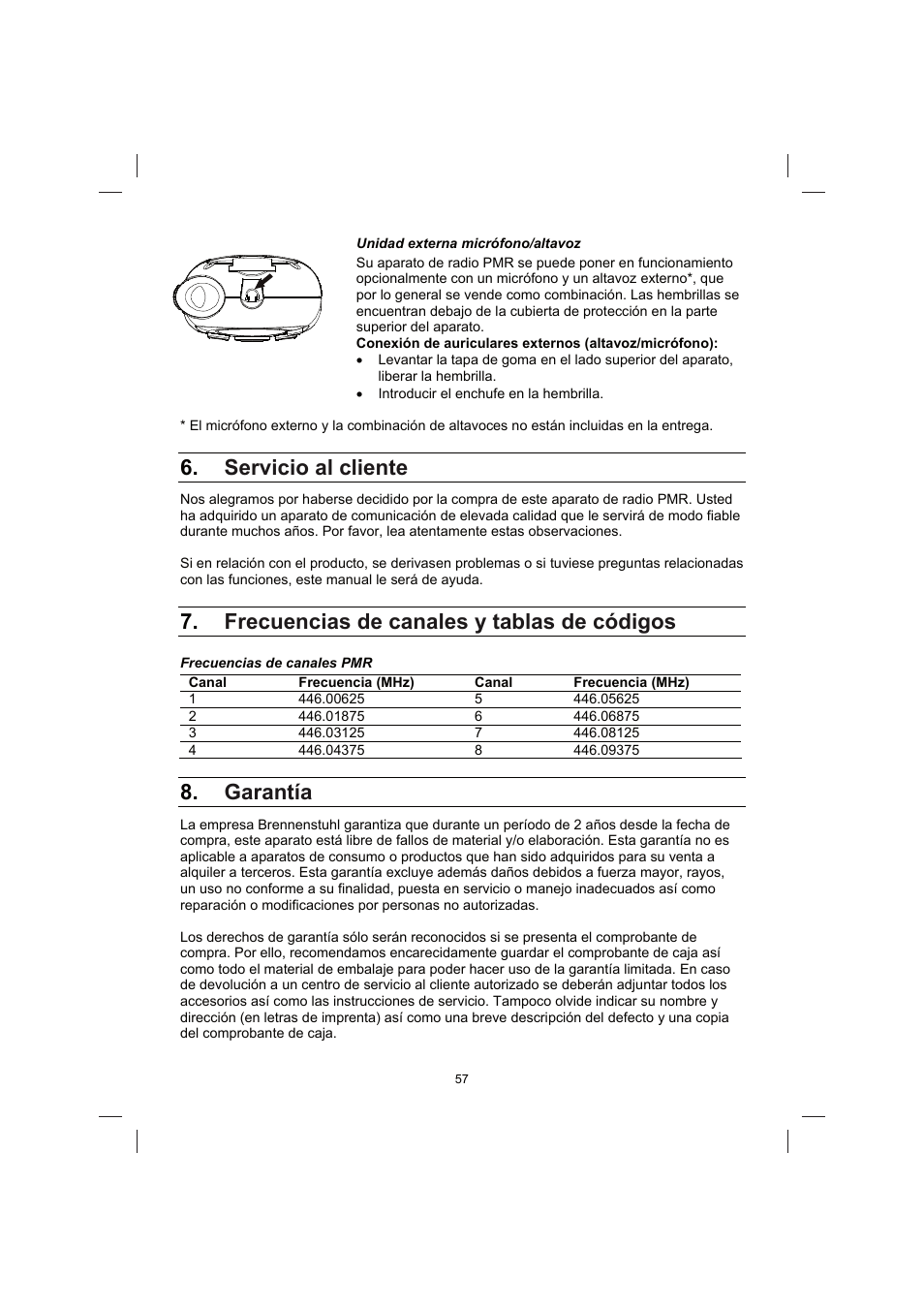 Servicio al cliente, Frecuencias de canales y tablas de códigos, Garantía | Brennenstuhl PMR Walkie Talkie TRX 3000 User Manual | Page 57 / 92