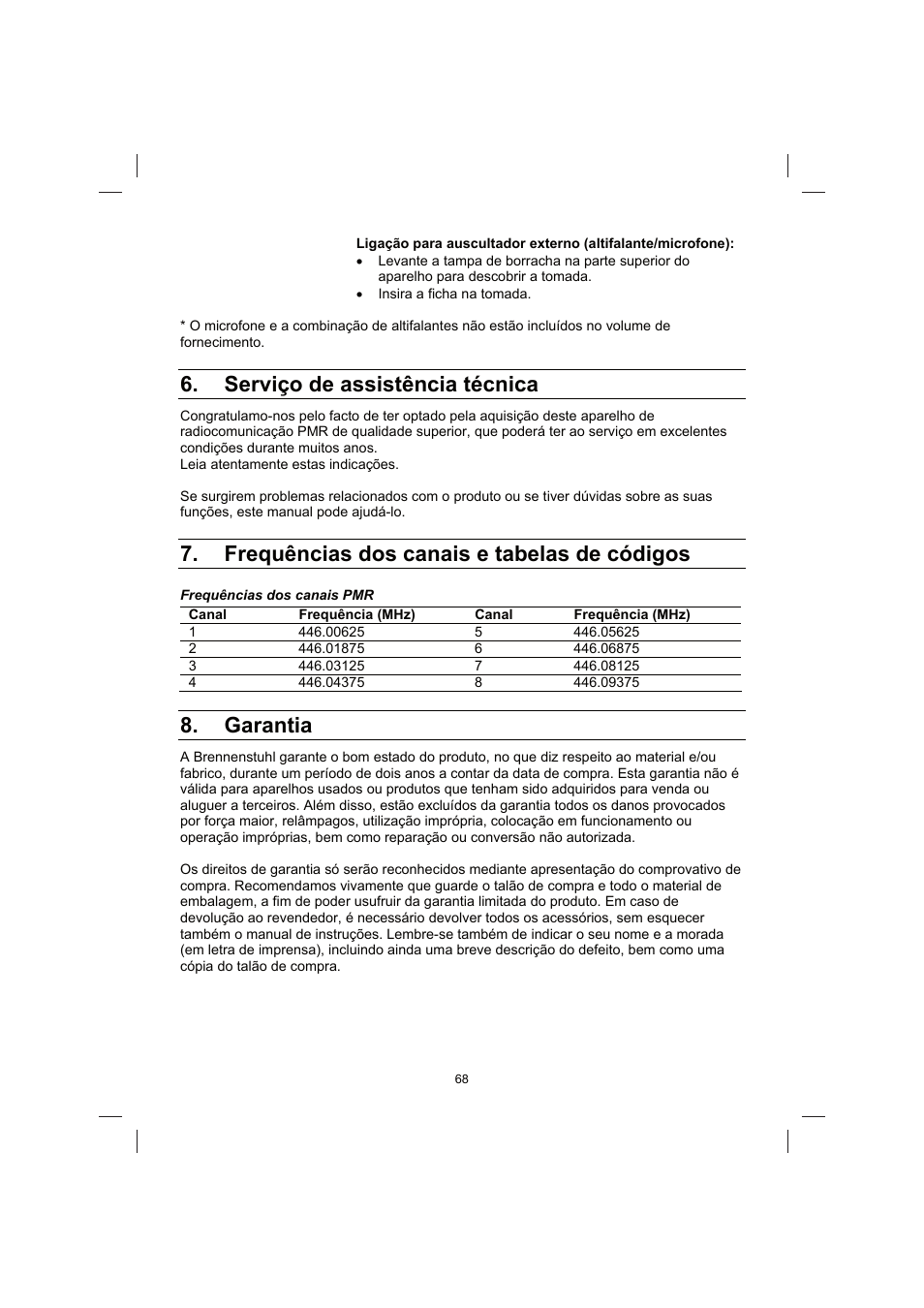 Serviço de assistência técnica, Frequências dos canais e tabelas de códigos, Garantia | Brennenstuhl PMR Walkie Talkie TRX 3000 User Manual | Page 68 / 92