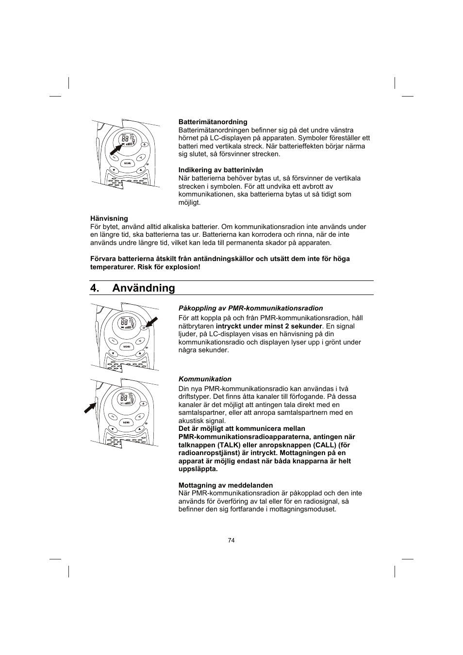 Användning | Brennenstuhl PMR Walkie Talkie TRX 3000 User Manual | Page 74 / 92