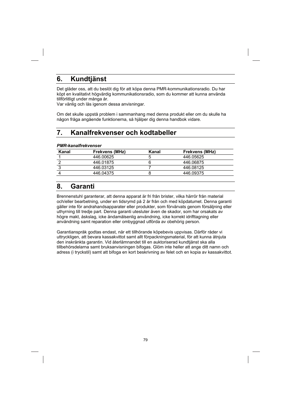 Kundtjänst, Kanalfrekvenser och kodtabeller, Garanti | Brennenstuhl PMR Walkie Talkie TRX 3000 User Manual | Page 79 / 92