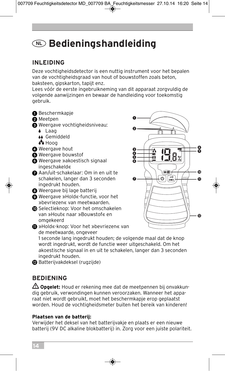 Bedieningshandleiding, Inleiding, Bediening | Brennenstuhl Moisture Detector MD User Manual | Page 14 / 52