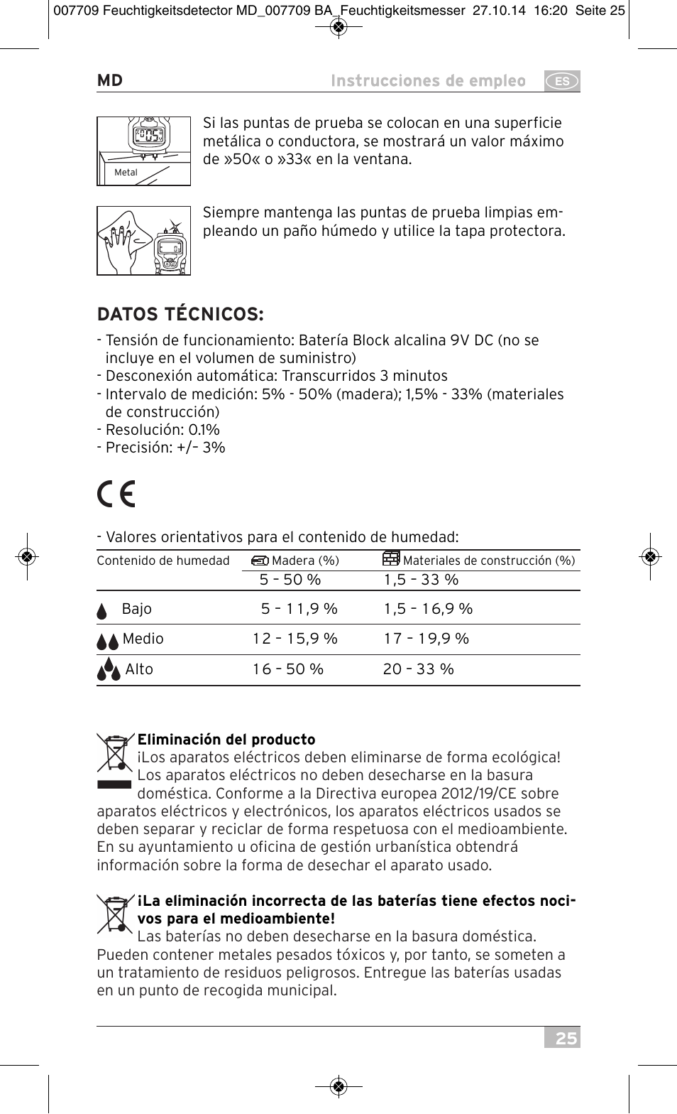 Datos técnicos | Brennenstuhl Moisture Detector MD User Manual | Page 25 / 52