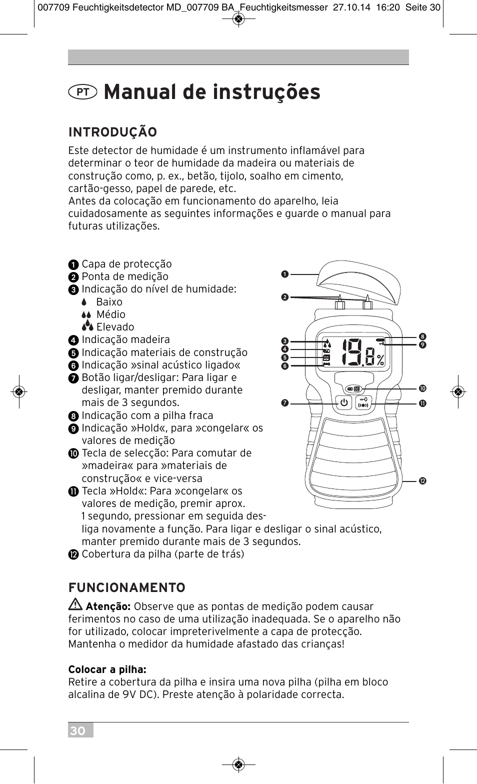 Manual de instruções, Introdução, Funcionamento | Brennenstuhl Moisture Detector MD User Manual | Page 30 / 52