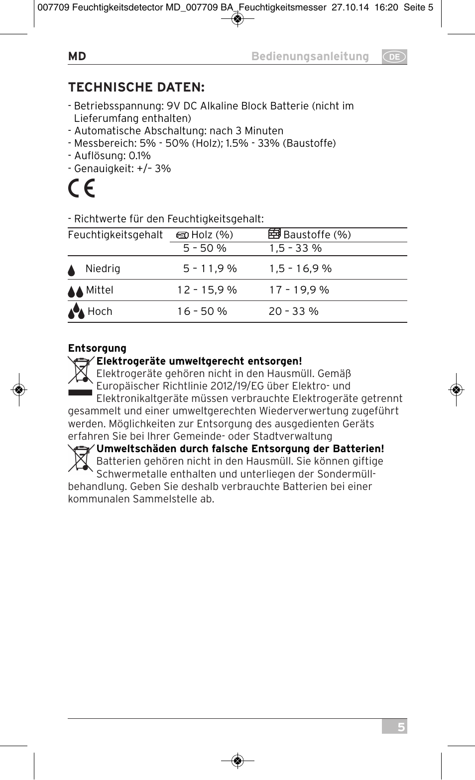 Technische daten | Brennenstuhl Moisture Detector MD User Manual | Page 5 / 52