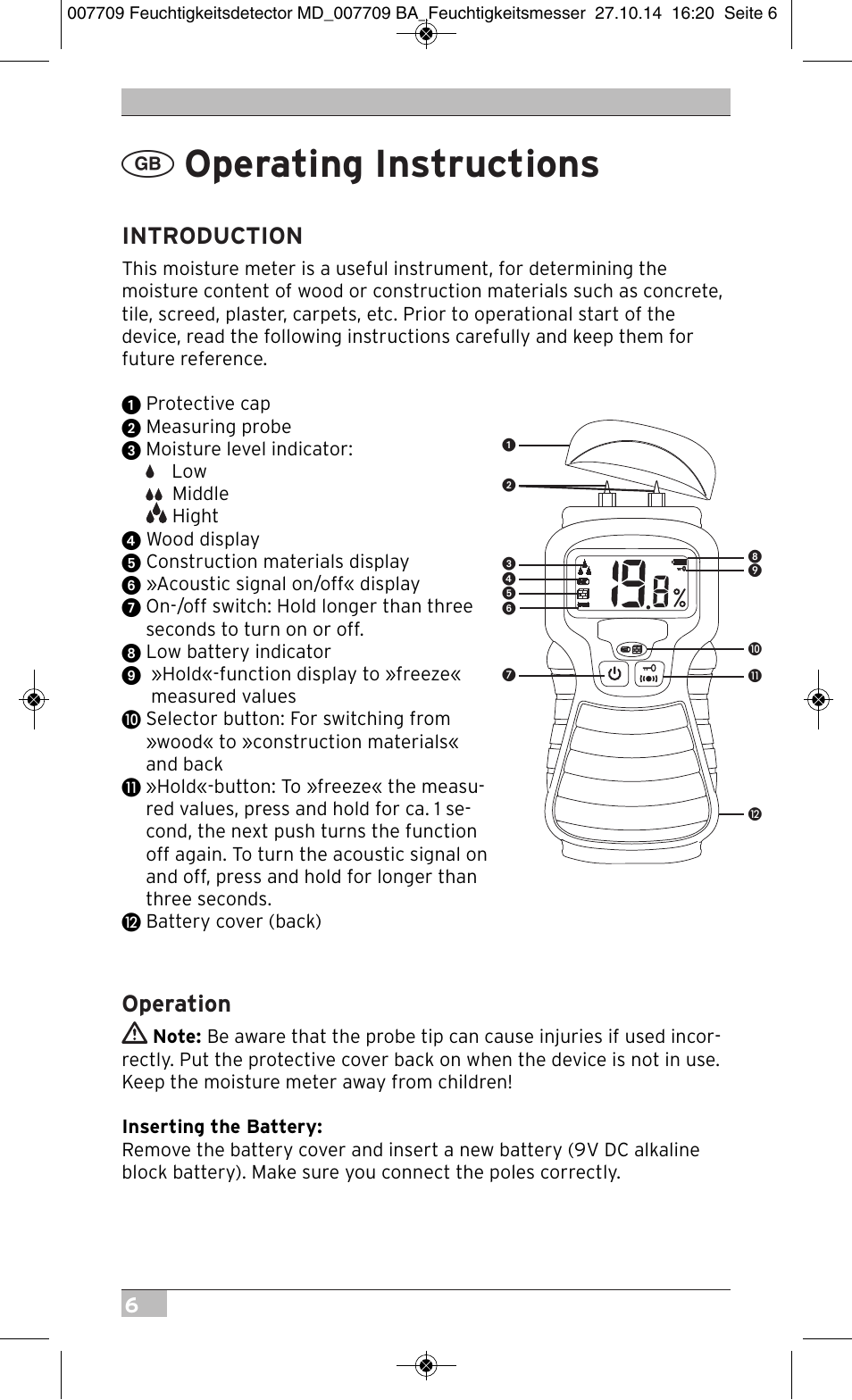 Operating instructions, Introduction, Operation | Brennenstuhl Moisture Detector MD User Manual | Page 6 / 52