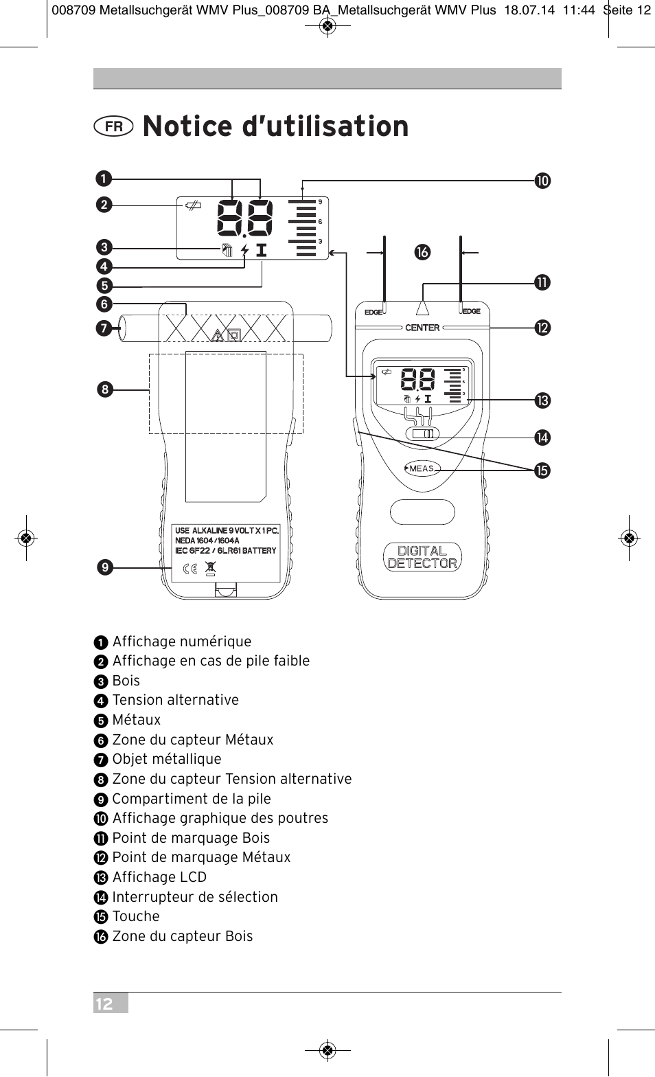 Notice d’utilisation | Brennenstuhl Multifunction Detector WMV Plus User Manual | Page 12 / 64