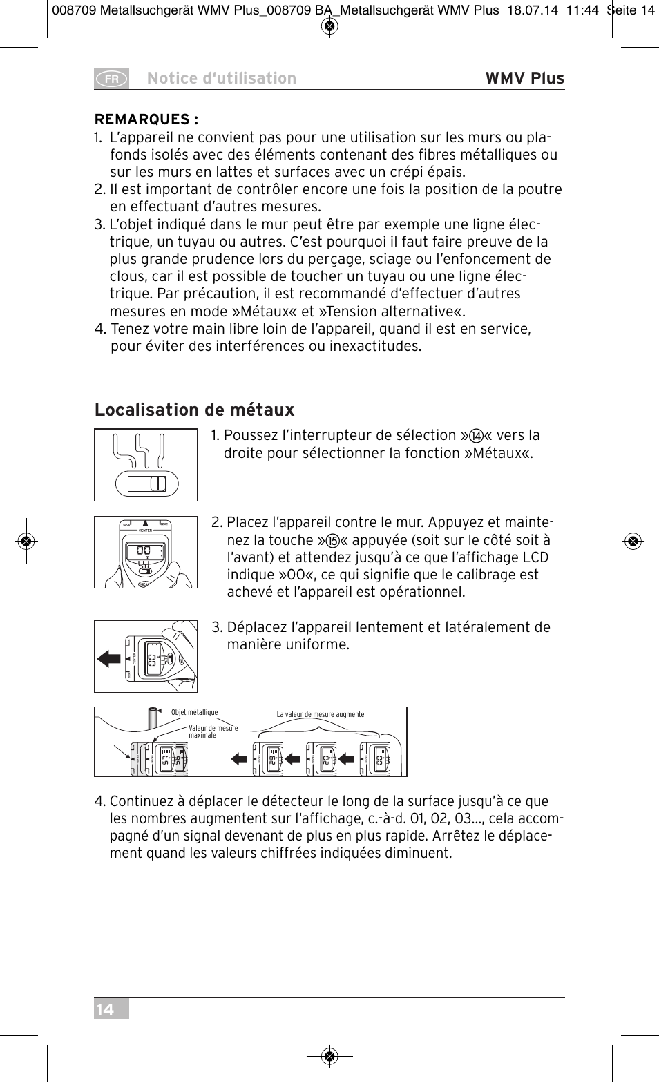 Localisation de métaux, 14 notice d‘utilisation wmv plus | Brennenstuhl Multifunction Detector WMV Plus User Manual | Page 14 / 64