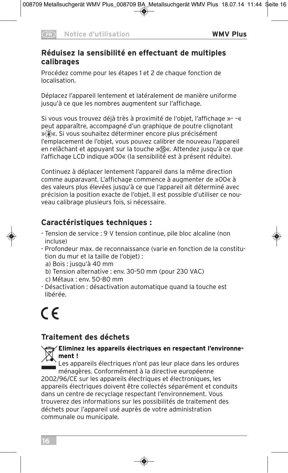 Caractéristiques techniques, Traitement des déchets | Brennenstuhl Multifunction Detector WMV Plus User Manual | Page 16 / 64