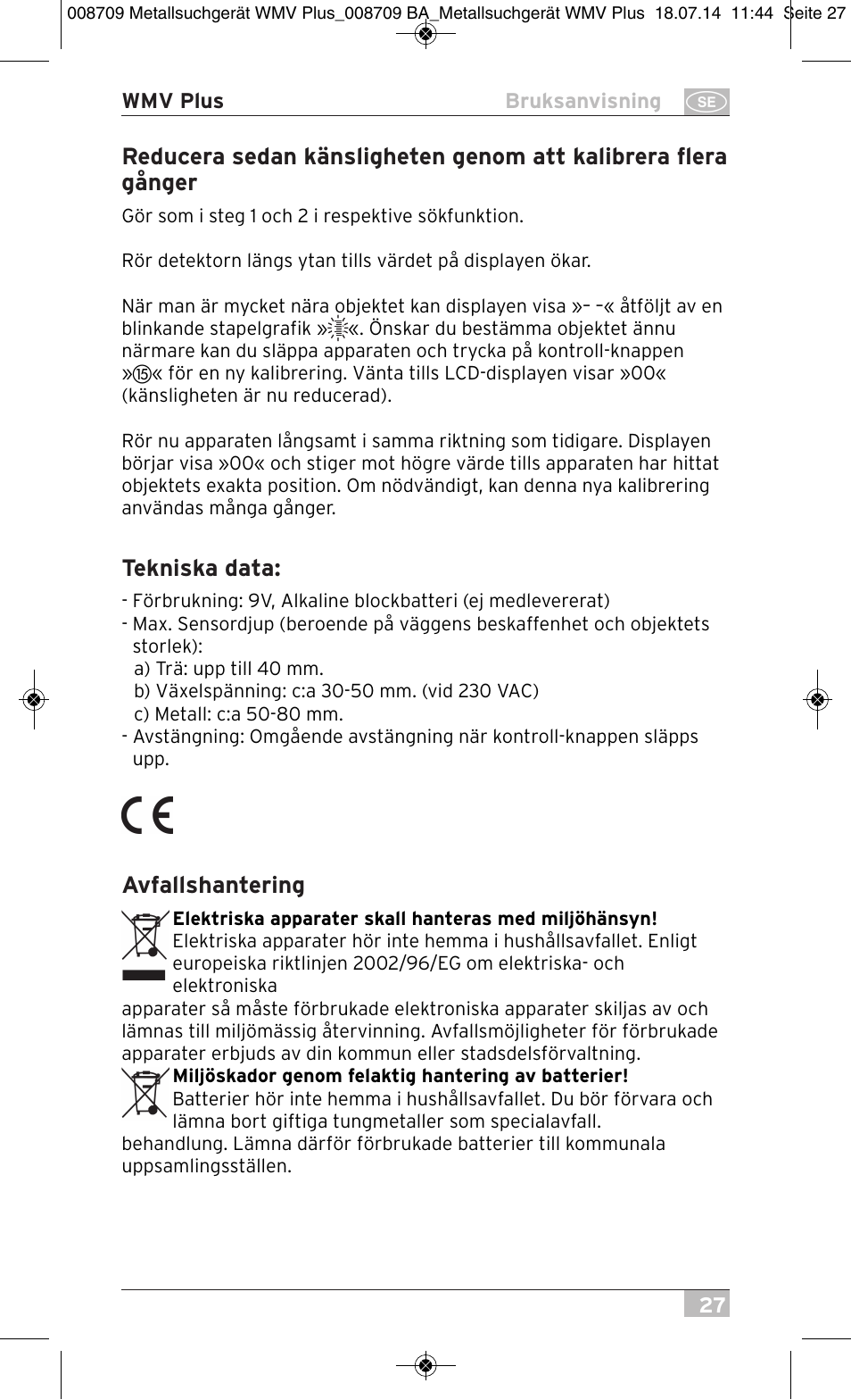 Tekniska data, Avfallshantering | Brennenstuhl Multifunction Detector WMV Plus User Manual | Page 27 / 64