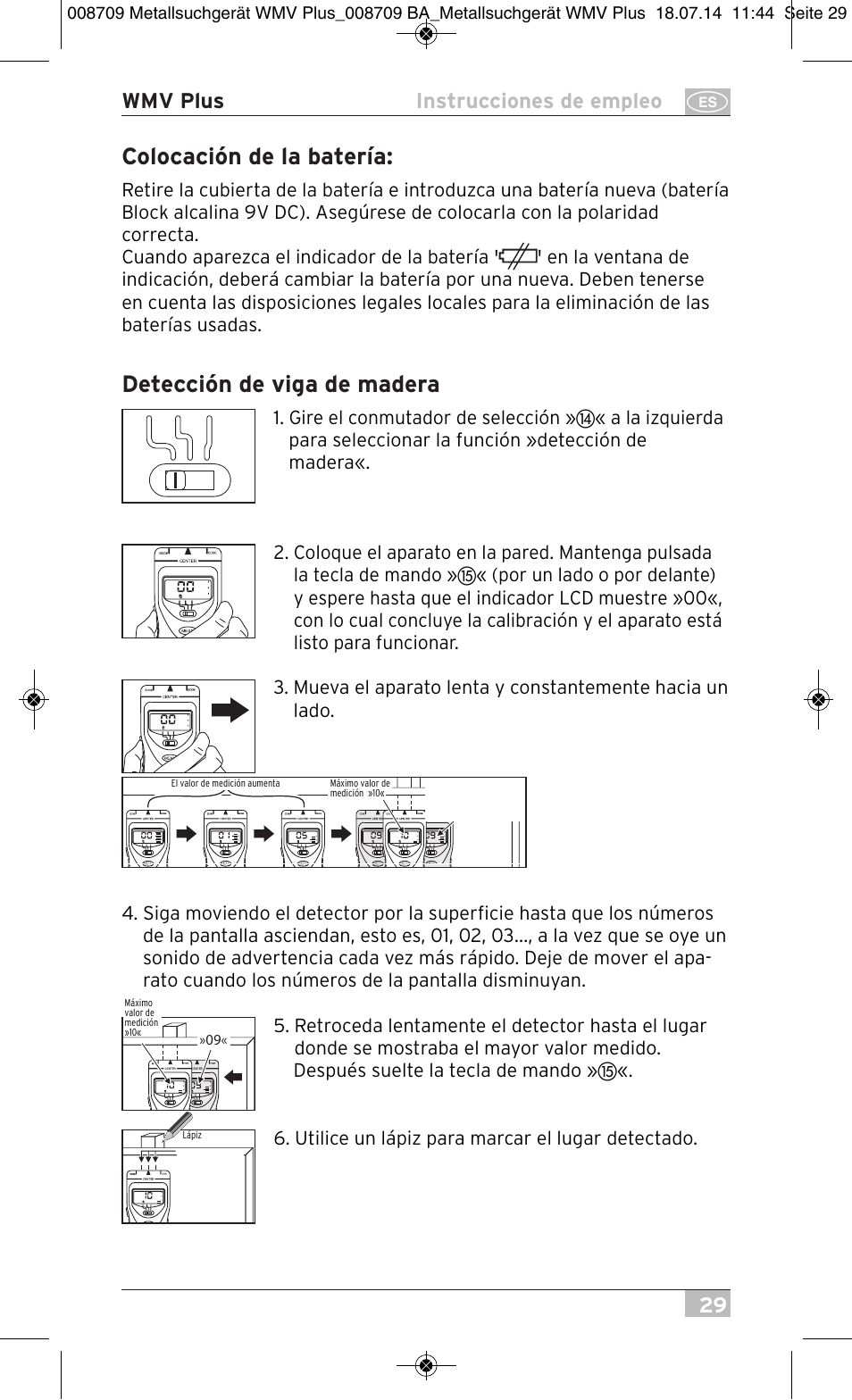 Colocación de la batería, Detección de viga de madera, 29 wmv plus instrucciones de empleo | Brennenstuhl Multifunction Detector WMV Plus User Manual | Page 29 / 64