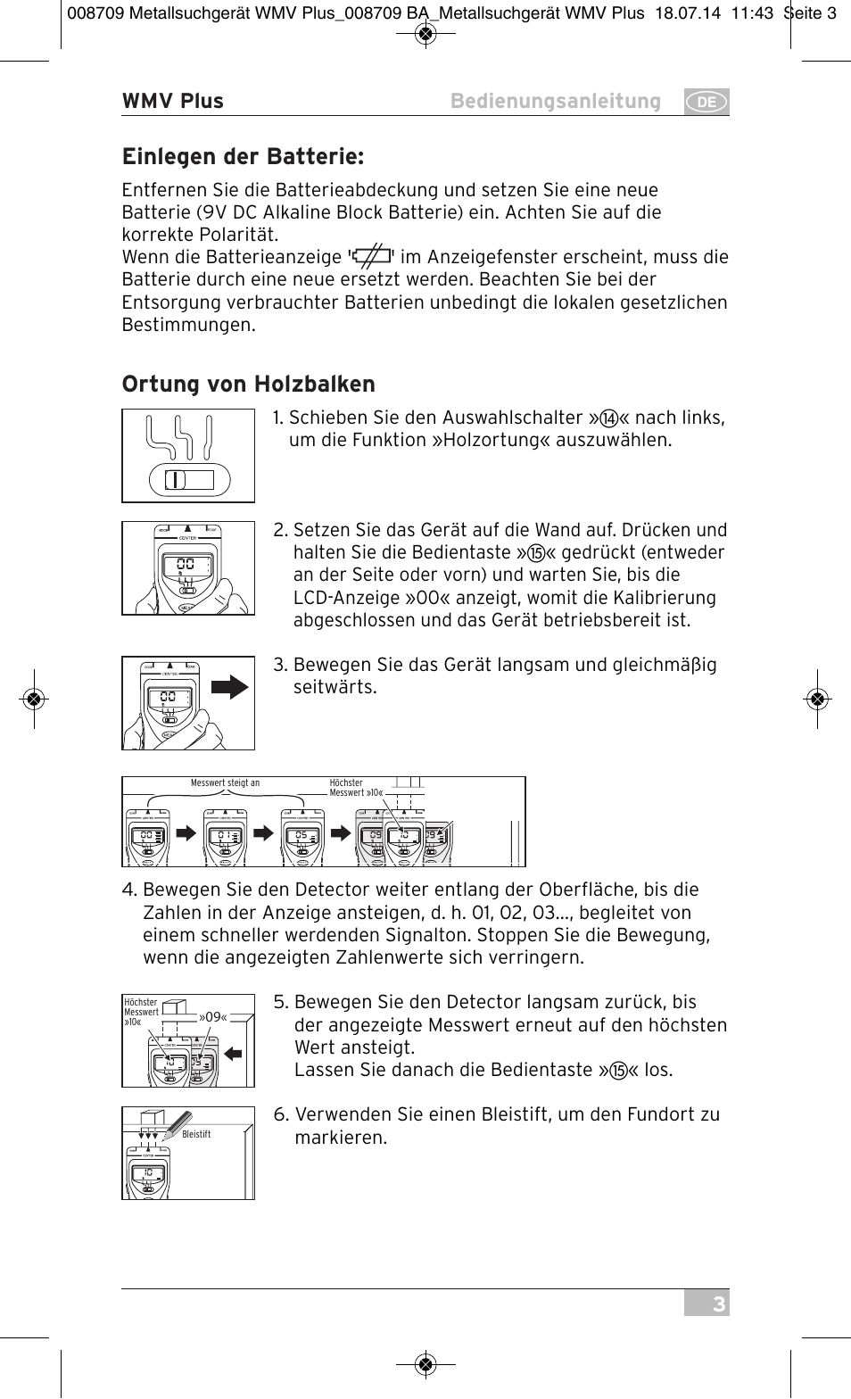 Einlegen der batterie, Ortung von holzbalken, 3wmv plus bedienungsanleitung | Brennenstuhl Multifunction Detector WMV Plus User Manual | Page 3 / 64