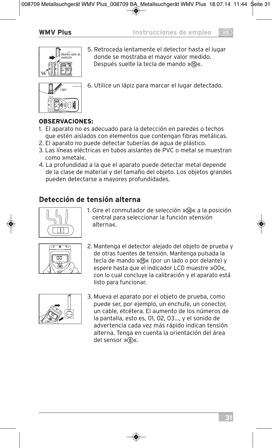 Detección de tensión alterna | Brennenstuhl Multifunction Detector WMV Plus User Manual | Page 31 / 64