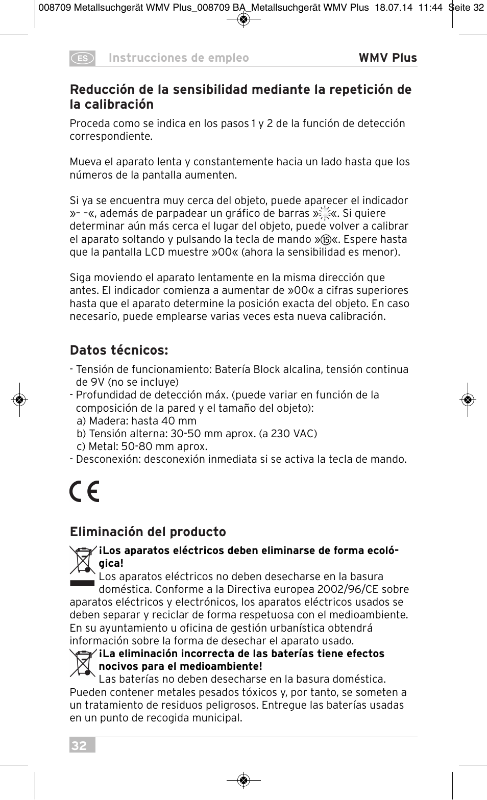 Datos técnicos, Eliminación del producto | Brennenstuhl Multifunction Detector WMV Plus User Manual | Page 32 / 64
