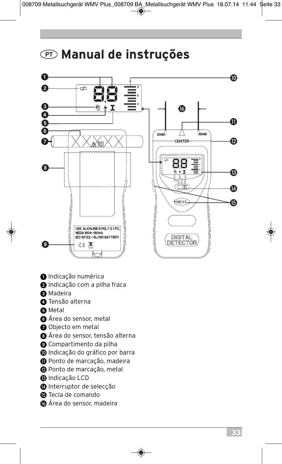 Manual de instruções | Brennenstuhl Multifunction Detector WMV Plus User Manual | Page 33 / 64