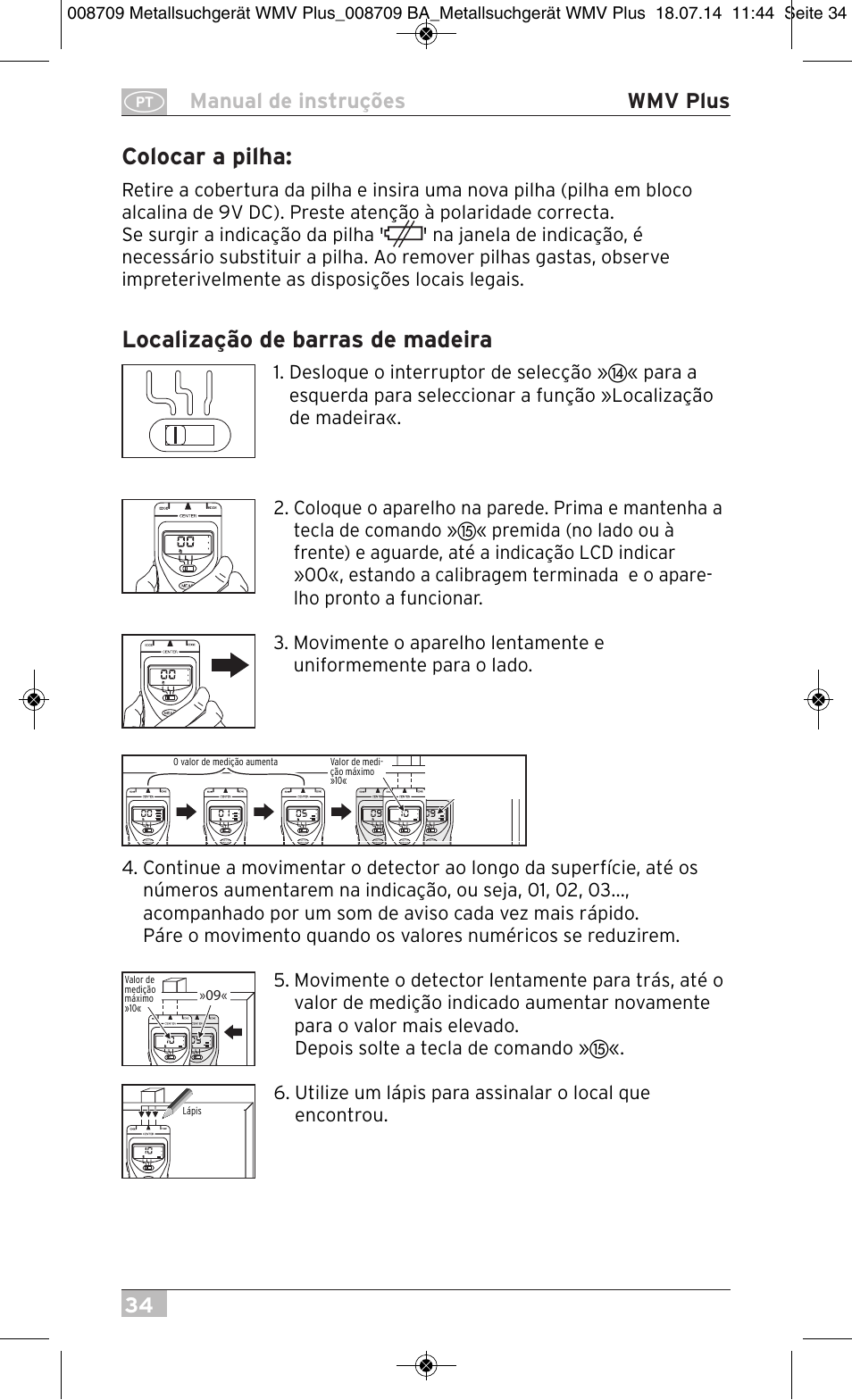 Colocar a pilha, Localização de barras de madeira, 34 manual de instruções wmv plus | Brennenstuhl Multifunction Detector WMV Plus User Manual | Page 34 / 64