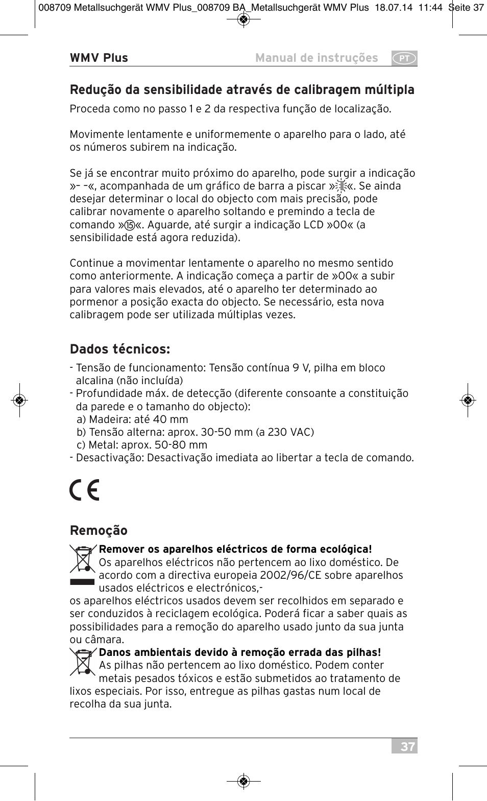 Dados técnicos, Remoção | Brennenstuhl Multifunction Detector WMV Plus User Manual | Page 37 / 64