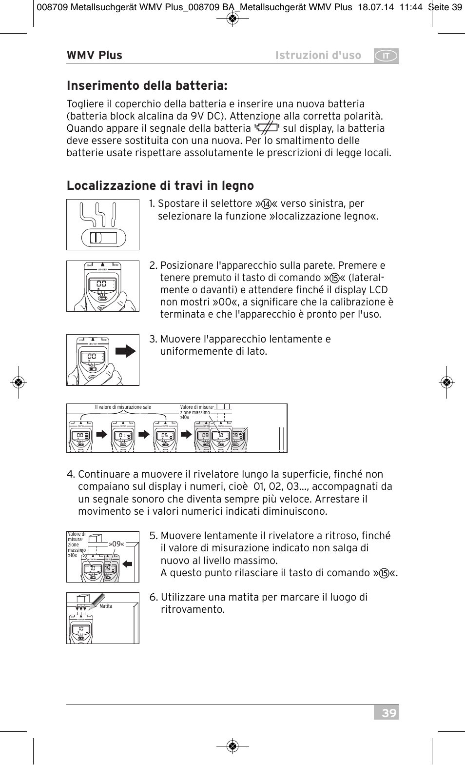 Inserimento della batteria, Localizzazione di travi in legno, 39 wmv plus istruzioni d'uso | Brennenstuhl Multifunction Detector WMV Plus User Manual | Page 39 / 64