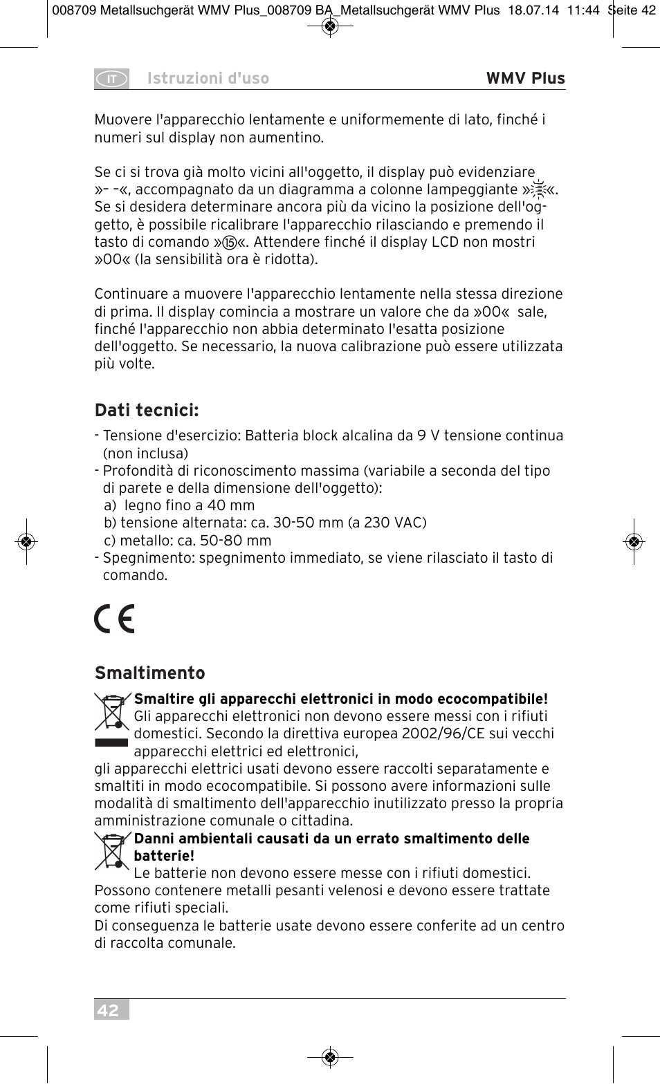Dati tecnici, Smaltimento | Brennenstuhl Multifunction Detector WMV Plus User Manual | Page 42 / 64