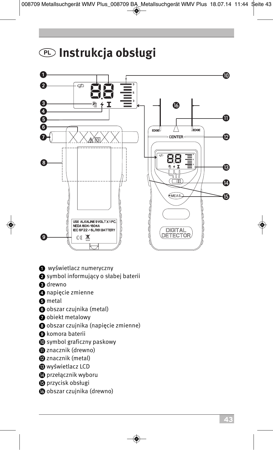 Instrukcja obsługi | Brennenstuhl Multifunction Detector WMV Plus User Manual | Page 43 / 64