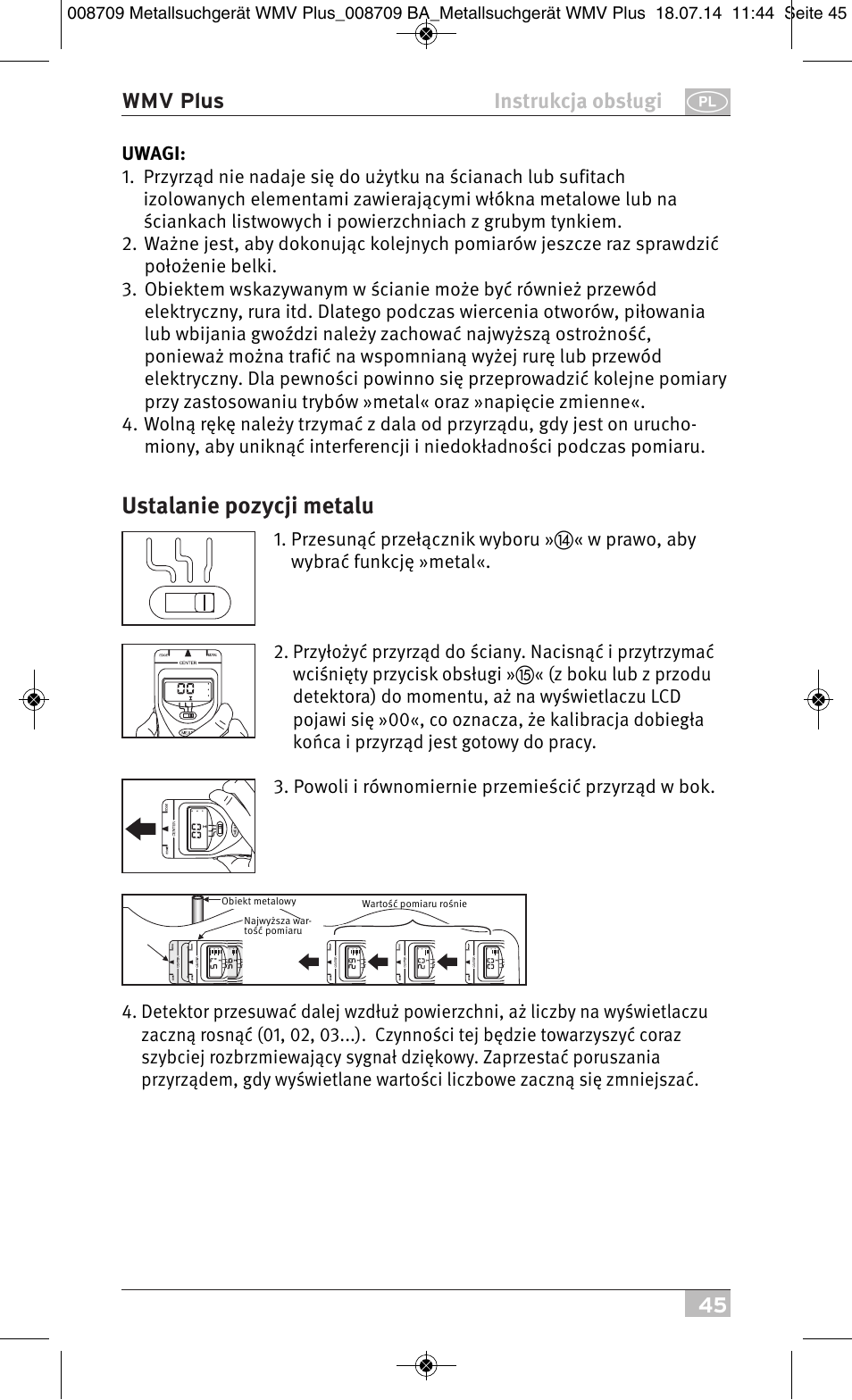 Ustalanie pozycji metalu | Brennenstuhl Multifunction Detector WMV Plus User Manual | Page 45 / 64