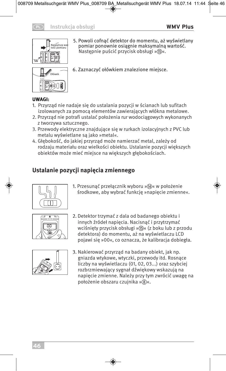 Ustalanie pozycji napięcia zmiennego | Brennenstuhl Multifunction Detector WMV Plus User Manual | Page 46 / 64