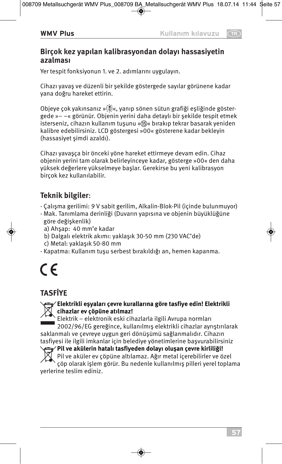 Teknik bilgiler, Tasfiye | Brennenstuhl Multifunction Detector WMV Plus User Manual | Page 57 / 64