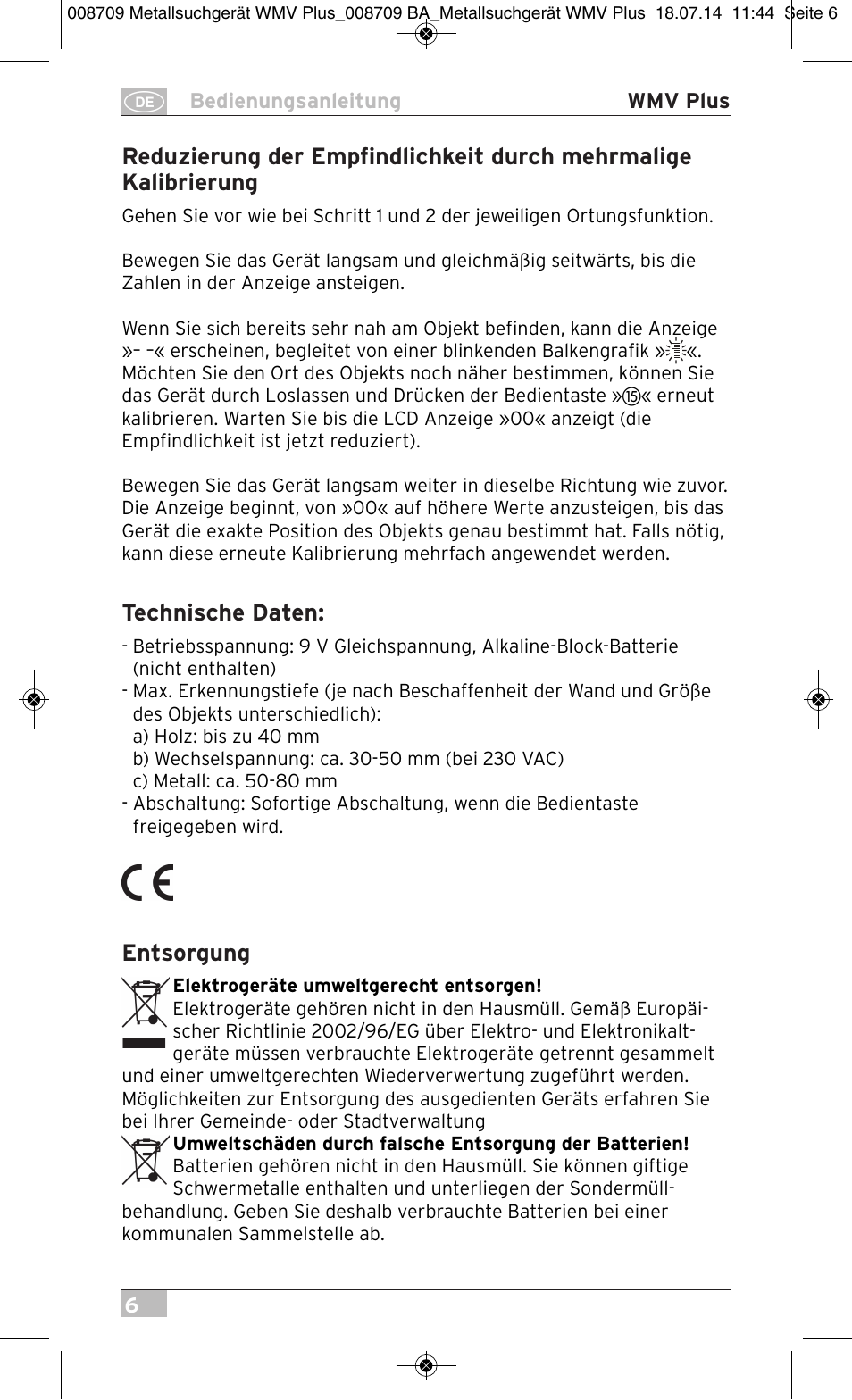 Technische daten, Entsorgung | Brennenstuhl Multifunction Detector WMV Plus User Manual | Page 6 / 64