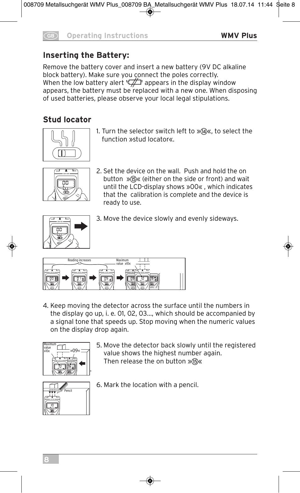 Inserting the battery, Stud locator, 8operating instructions wmv plus | Brennenstuhl Multifunction Detector WMV Plus User Manual | Page 8 / 64