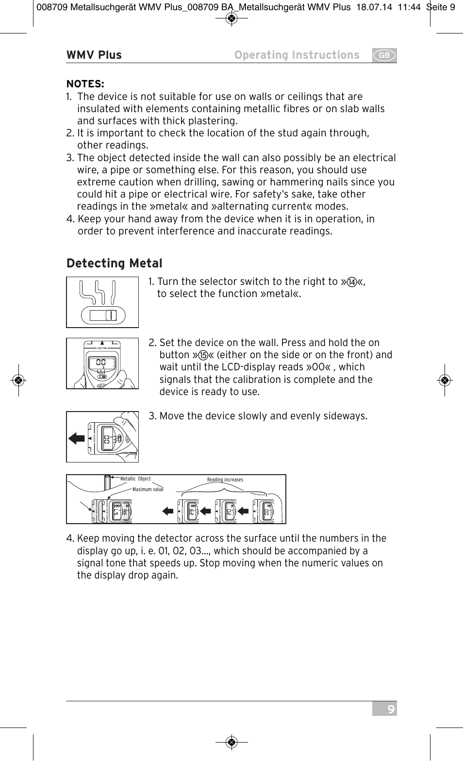 Detecting metal, 9wmv plus operating instructions | Brennenstuhl Multifunction Detector WMV Plus User Manual | Page 9 / 64