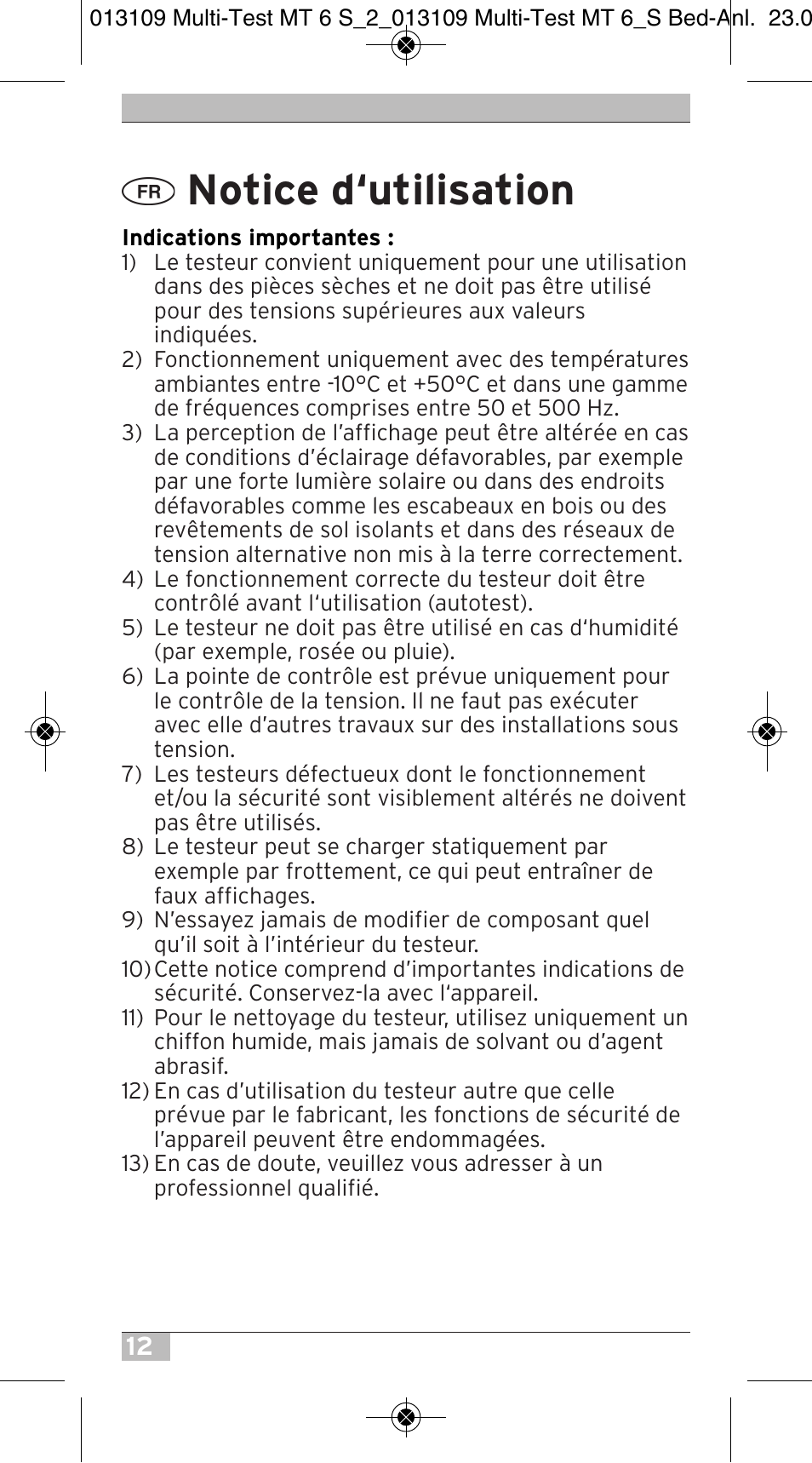 Notice d‘utilisation | Brennenstuhl Electronic Multi-Tester MT 6S/2 User Manual | Page 12 / 52