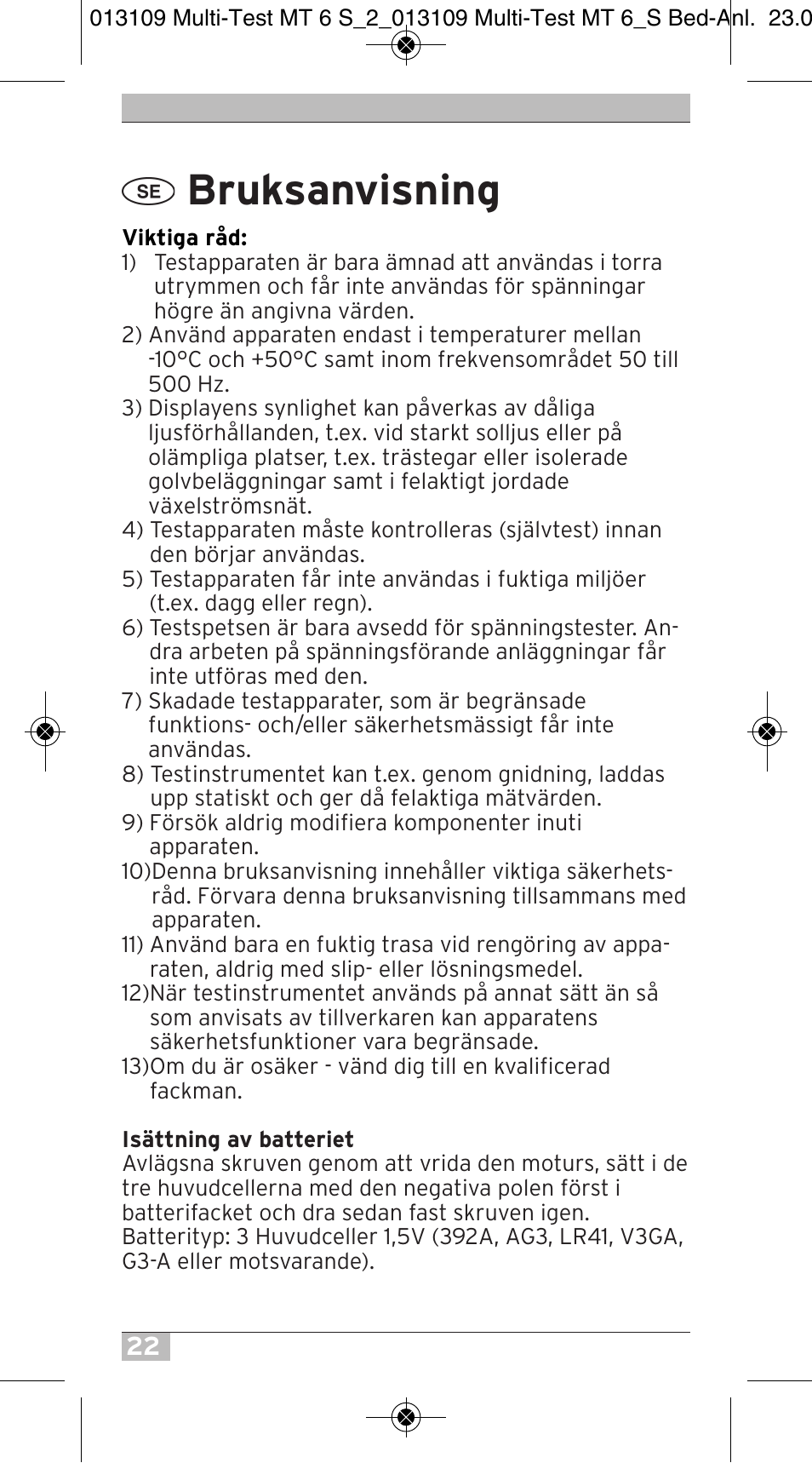 Bruksanvisning | Brennenstuhl Electronic Multi-Tester MT 6S/2 User Manual | Page 22 / 52