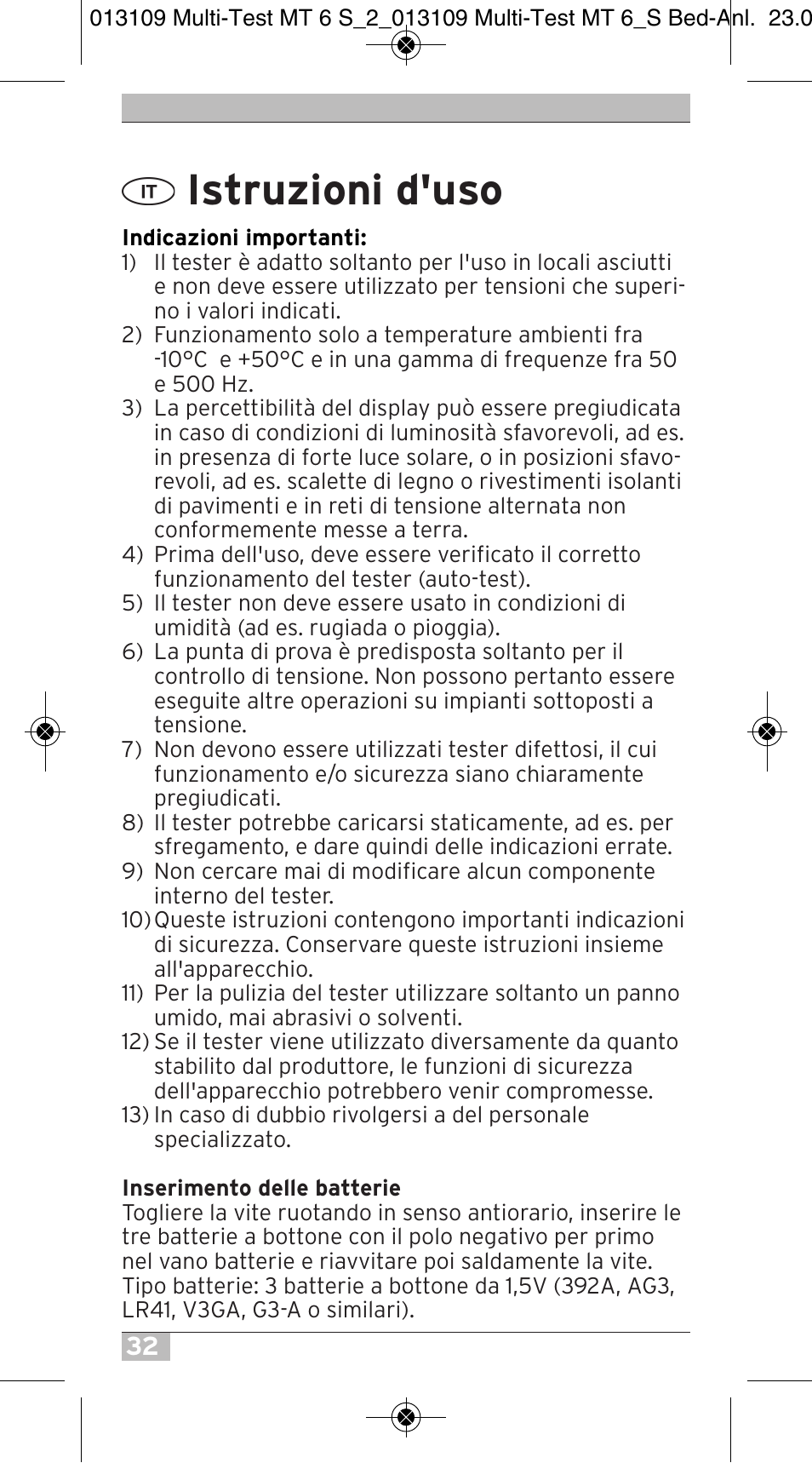 Istruzioni d'uso | Brennenstuhl Electronic Multi-Tester MT 6S/2 User Manual | Page 32 / 52