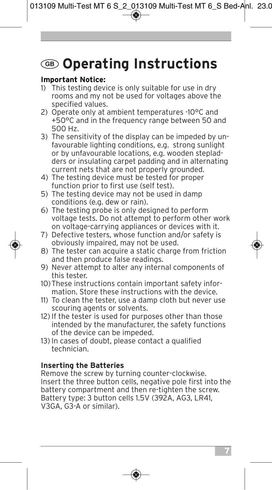 Operating instructions | Brennenstuhl Electronic Multi-Tester MT 6S/2 User Manual | Page 7 / 52