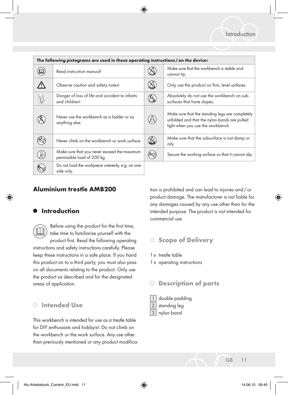 Introduction aluminium trestle amb200, Introduction, Intended use | Scope of delivery, Description of parts | Brennenstuhl Aluminium Trestles AMB 200 User Manual | Page 11 / 44