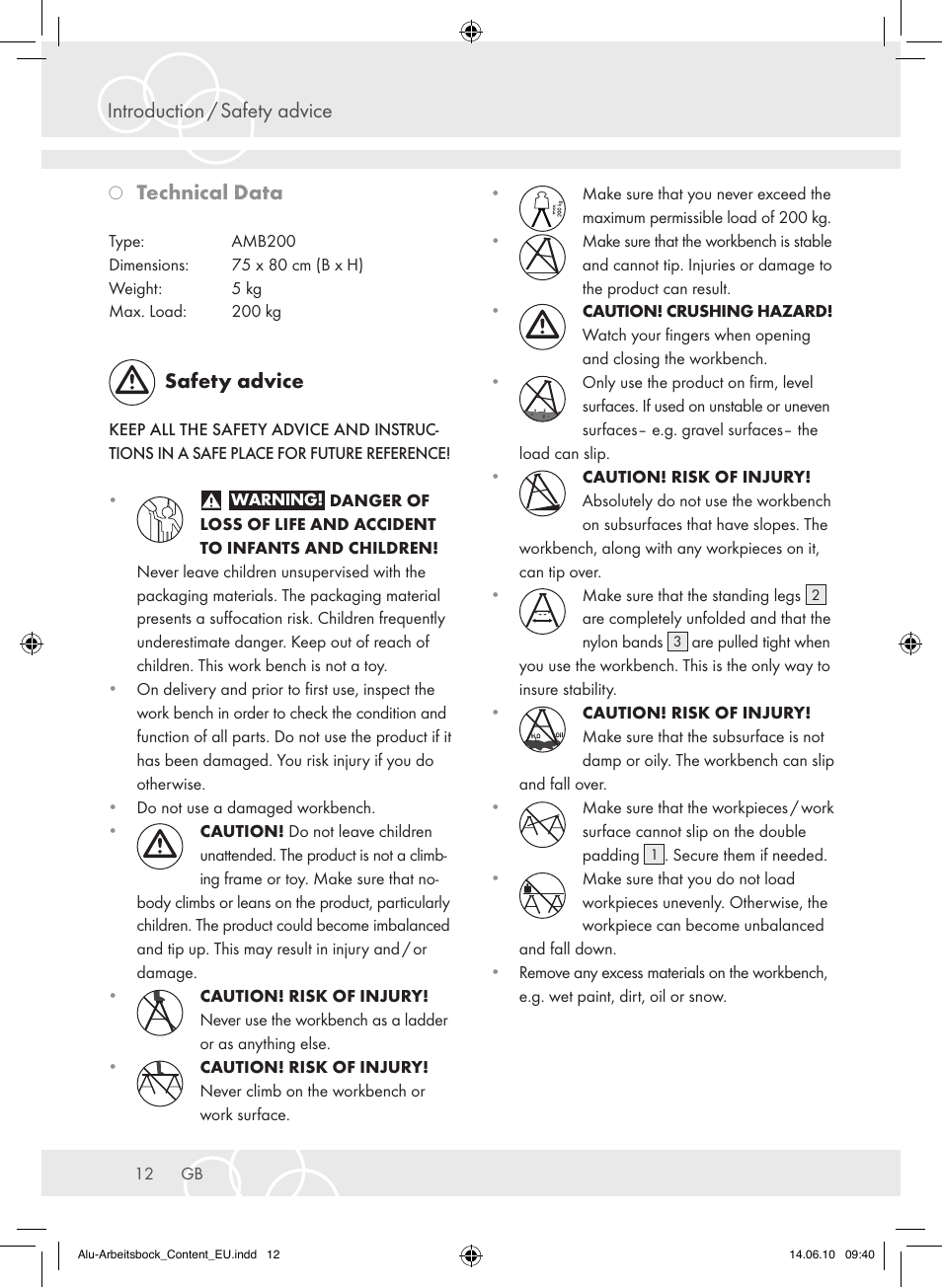 Introduction / safety advice, Technical data, Safety advice | Brennenstuhl Aluminium Trestles AMB 200 User Manual | Page 12 / 44