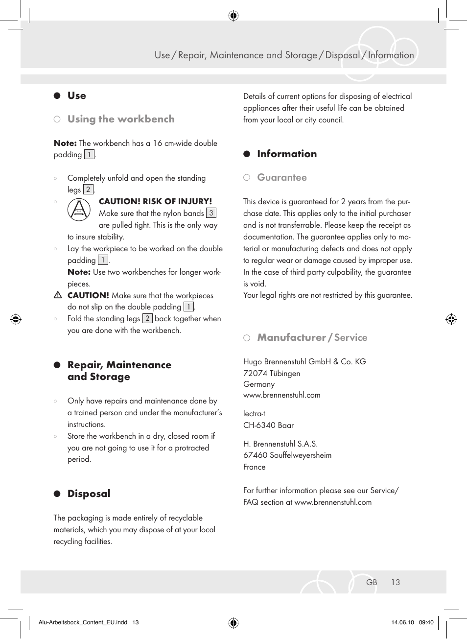 Using the workbench, Repair, maintenance and storage, Disposal | Information, Guarantee, Service, Manufacturer | Brennenstuhl Aluminium Trestles AMB 200 User Manual | Page 13 / 44