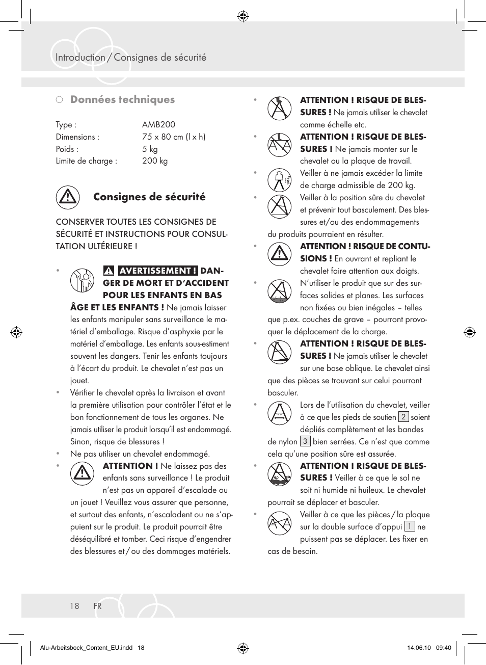 Introduction / consignes de sécurité, Données techniques, Consignes de sécurité | Brennenstuhl Aluminium Trestles AMB 200 User Manual | Page 18 / 44