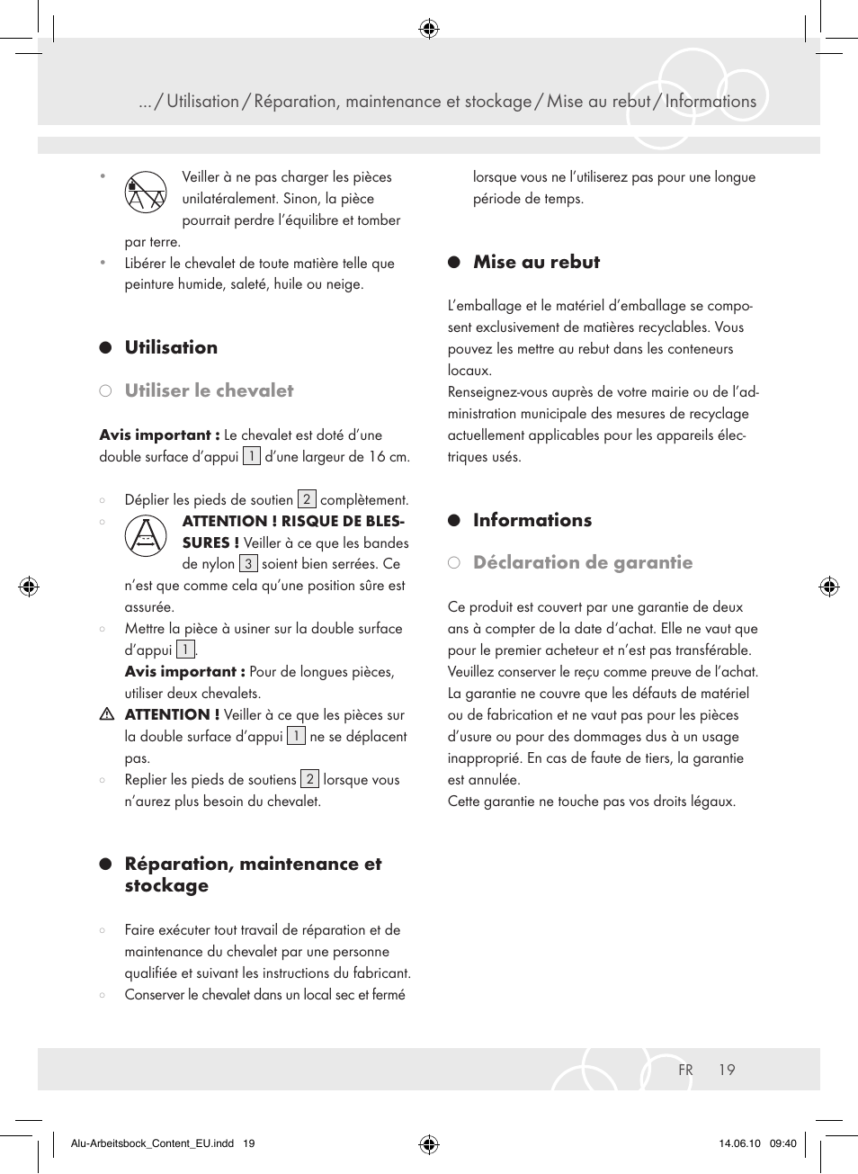 Utilisation, Utiliser le chevalet, Réparation, maintenance et stockage | Mise au rebut, Informations, Déclaration de garantie | Brennenstuhl Aluminium Trestles AMB 200 User Manual | Page 19 / 44