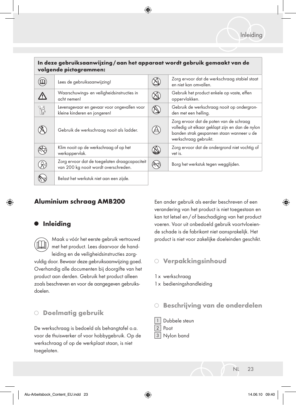 Inleiding aluminium schraag amb200, Inleiding, Doelmatig gebruik | Verpakkingsinhoud, Beschrijving van de onderdelen | Brennenstuhl Aluminium Trestles AMB 200 User Manual | Page 23 / 44