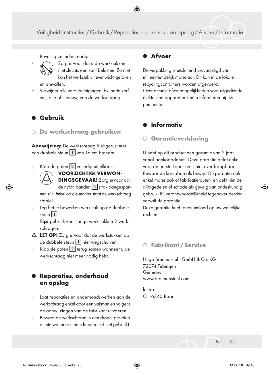 Gebruik, De werkschraag gebruiken, Reparaties, onderhoud en opslag | Afvoer, Informatie, Garantieverklaring, Fabrikant / service | Brennenstuhl Aluminium Trestles AMB 200 User Manual | Page 25 / 44