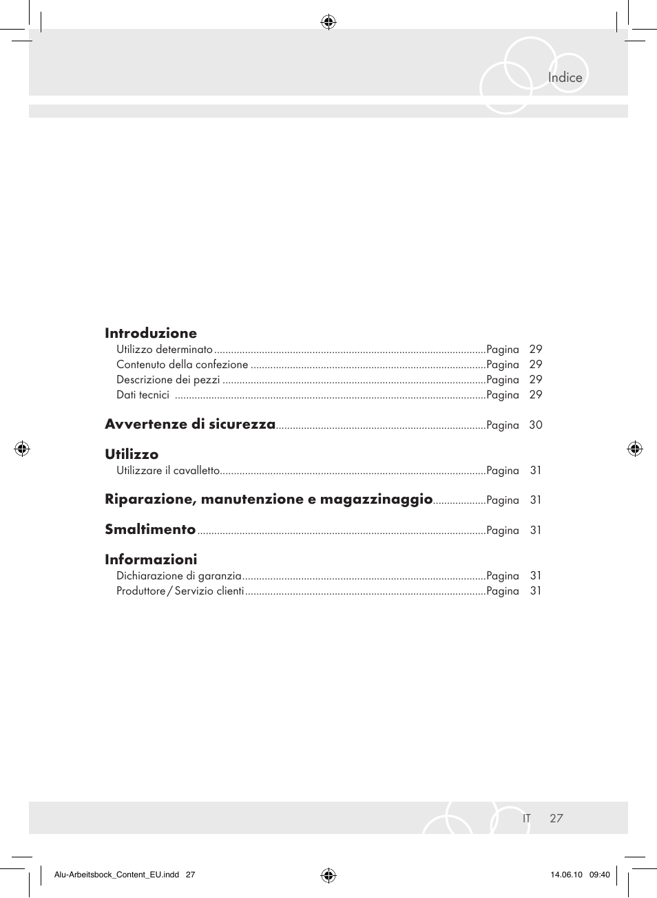 Indice introduzione, Avvertenze di sicurezza, Utilizzo | Riparazione, manutenzione e magazzinaggio, Smaltimento, Informazioni | Brennenstuhl Aluminium Trestles AMB 200 User Manual | Page 27 / 44