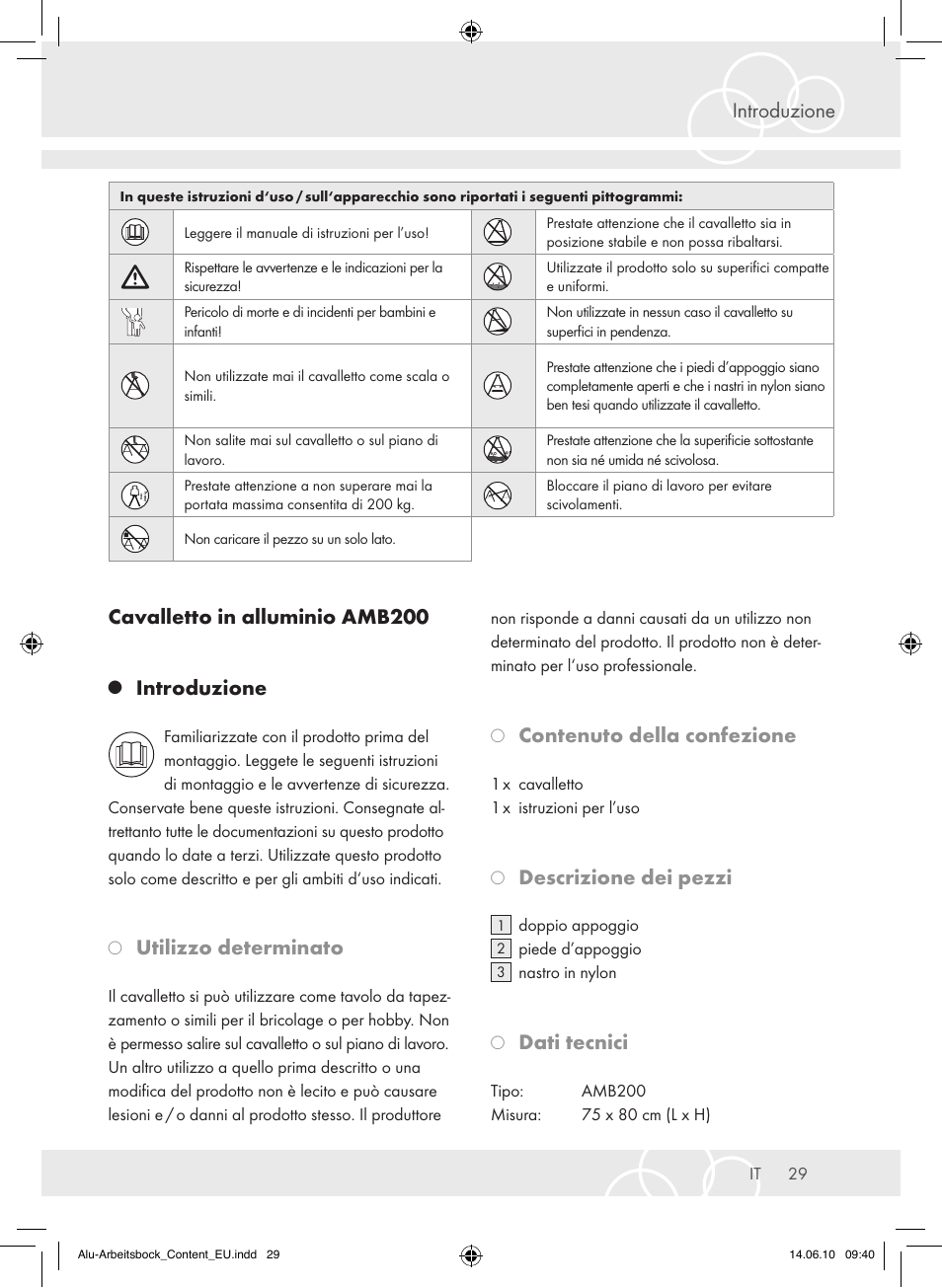 Introduzione cavalletto in alluminio amb200, Introduzione, Utilizzo determinato | Contenuto della confezione, Descrizione dei pezzi, Dati tecnici | Brennenstuhl Aluminium Trestles AMB 200 User Manual | Page 29 / 44