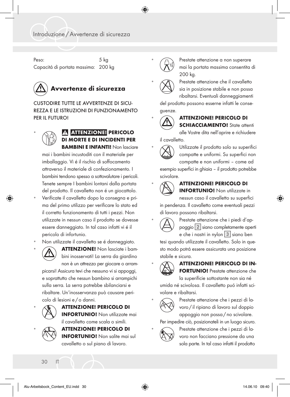 Introduzione / avvertenze di sicurezza, Avvertenze di sicurezza | Brennenstuhl Aluminium Trestles AMB 200 User Manual | Page 30 / 44