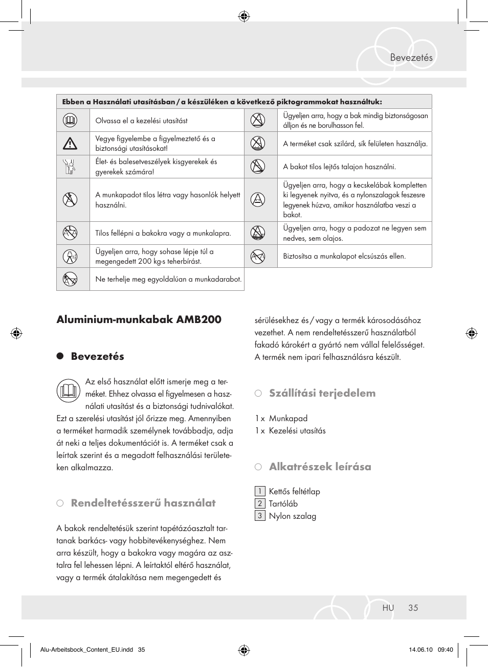 Bevezetés aluminium-munkabak amb200, Bevezetés, Rendeltetésszerű használat | Szállítási terjedelem, Alkatrészek leírása | Brennenstuhl Aluminium Trestles AMB 200 User Manual | Page 35 / 44