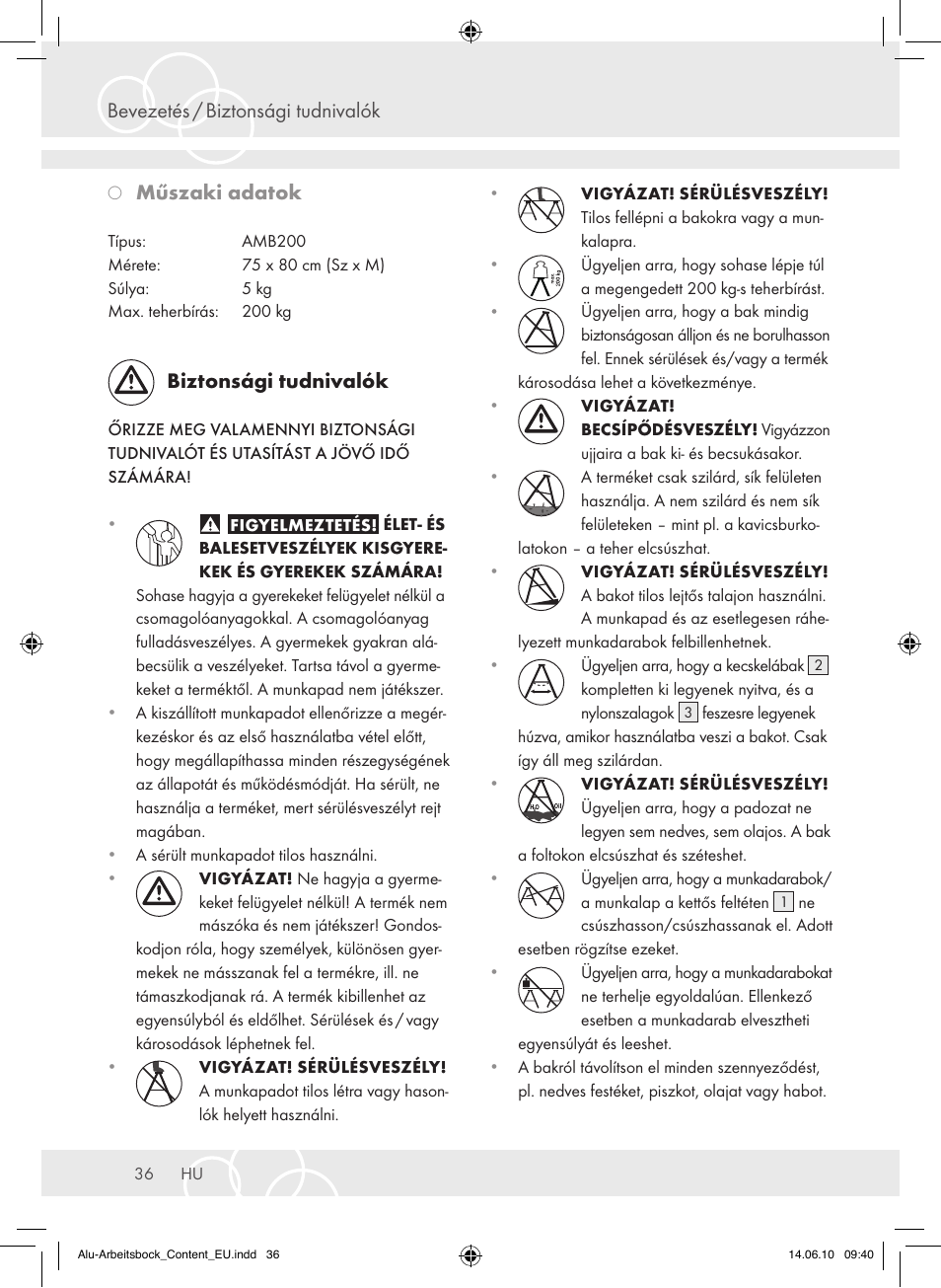 Bevezetés / biztonsági tudnivalók, Műszaki adatok, Biztonsági tudnivalók | Brennenstuhl Aluminium Trestles AMB 200 User Manual | Page 36 / 44