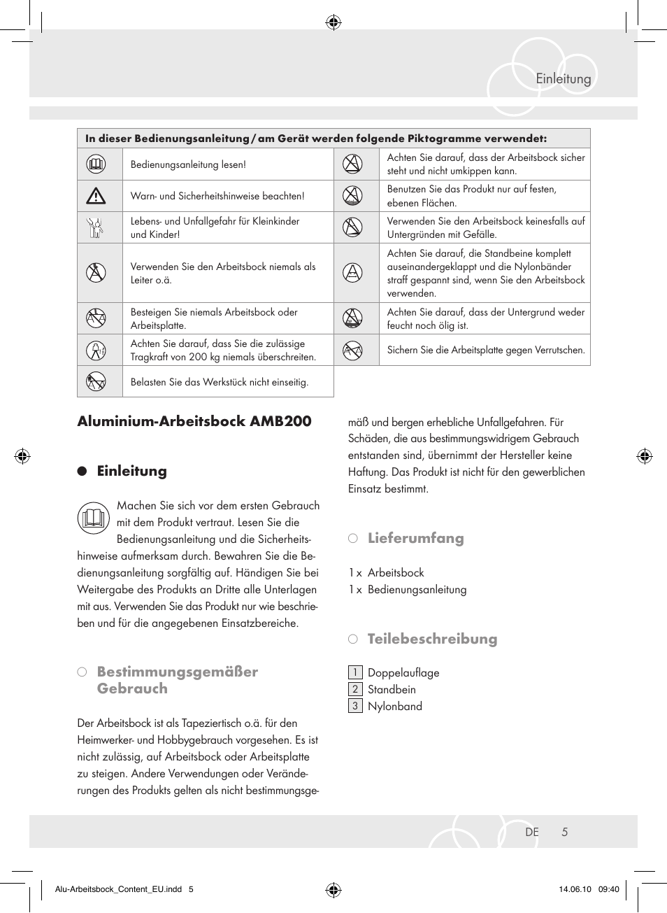 Einleitung aluminium-arbeitsbock amb200, Einleitung, Bestimmungsgemäßer gebrauch | Lieferumfang, Teilebeschreibung | Brennenstuhl Aluminium Trestles AMB 200 User Manual | Page 5 / 44