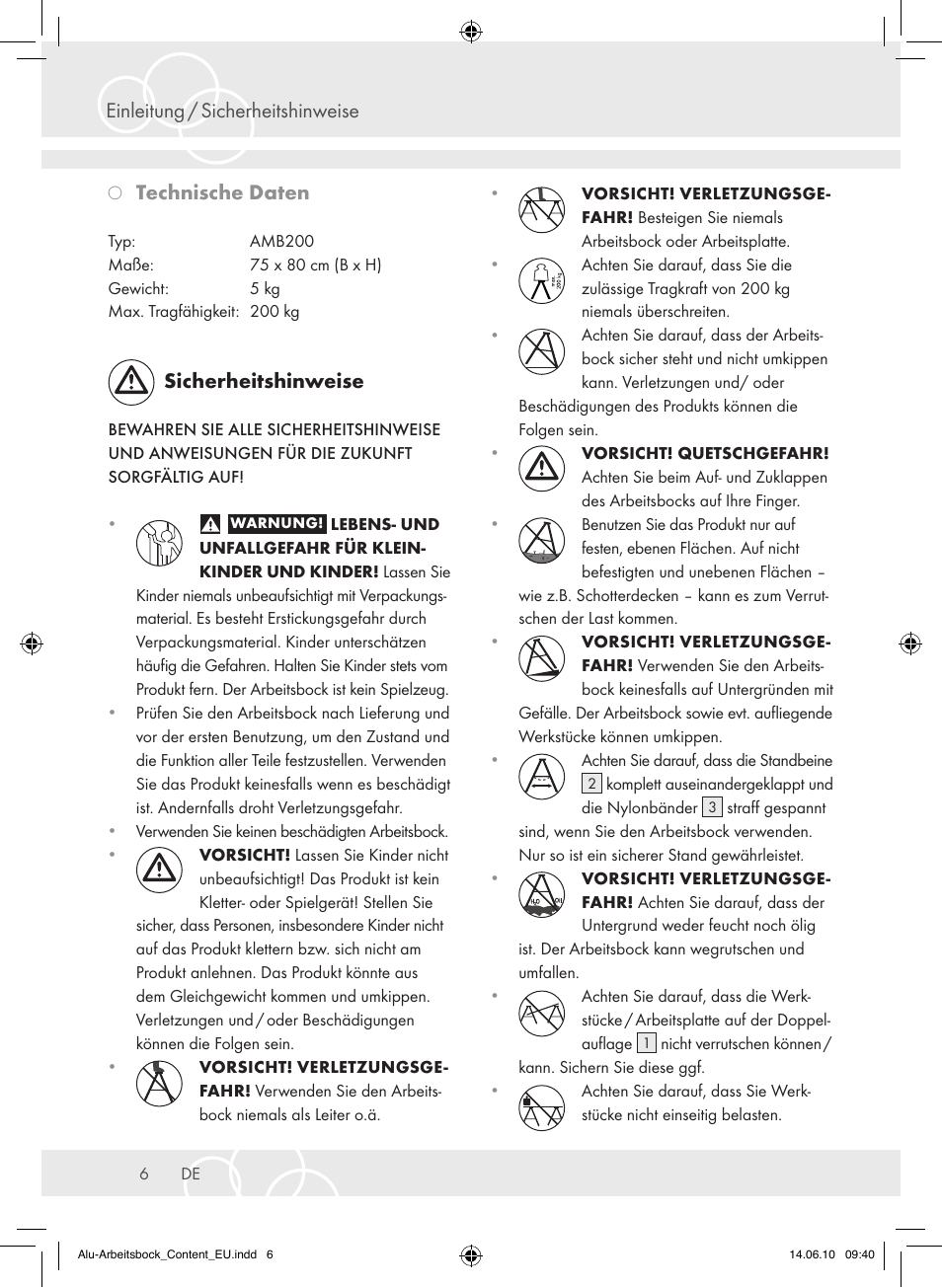 Einleitung / sicherheitshinweise, Technische daten, Sicherheitshinweise | Brennenstuhl Aluminium Trestles AMB 200 User Manual | Page 6 / 44